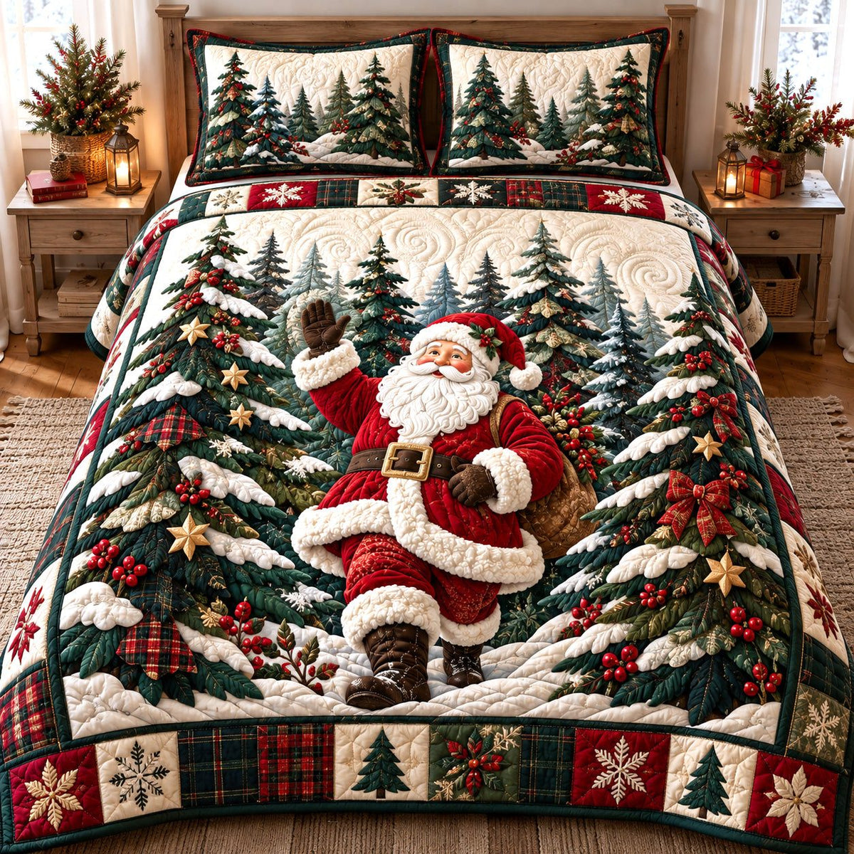 Woodland Santa quilted 3-piece bedding set on a made bed in a winter-styled bedroom