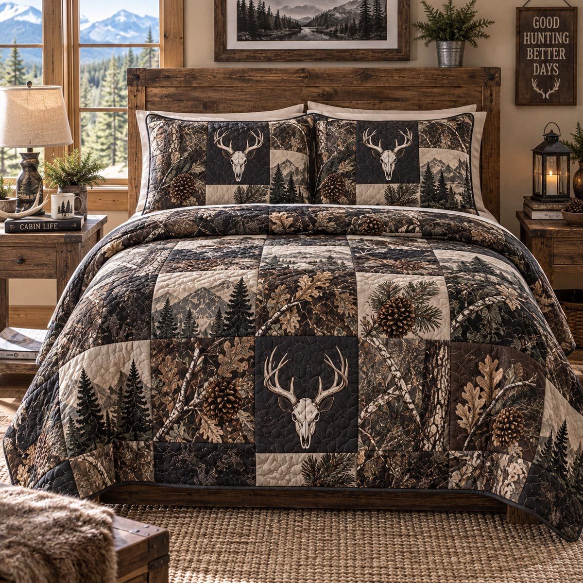 Woodland Stag Retreat quilted 3-piece bedding set on a made bed with two matching pillow shams
