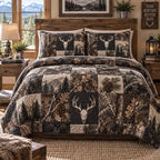 Woodland Stag Retreat quilted 3-piece bedding set on a made bed with two matching pillow shams