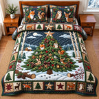 Woodland Tree quilted 3-piece bedding set on a made bed with two matching pillow shams