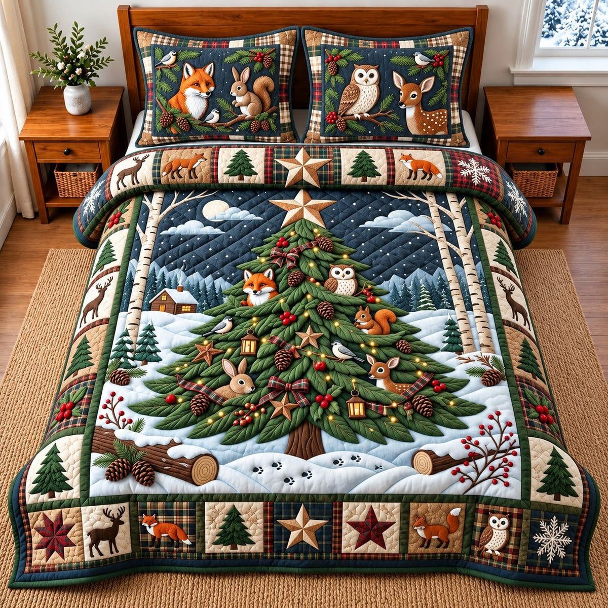 Woodland Tree quilted 3-piece bedding set on a made bed with two matching pillow shams