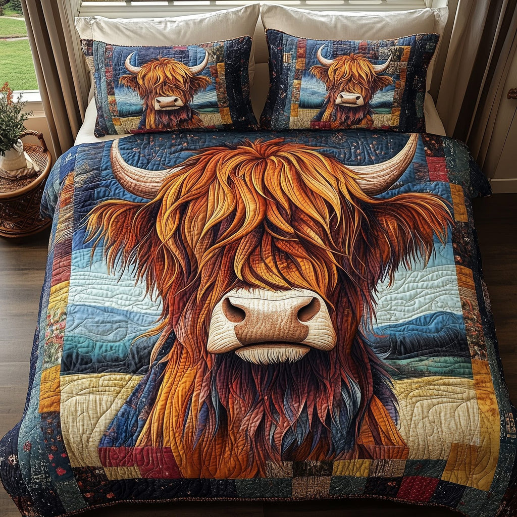 Wooly Wanderers Highland quilted 3-piece bedding set on a made bed with two matching pillow shams