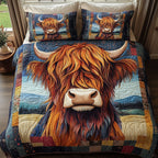 Wooly Wanderers Highland quilted 3-piece bedding set on a made bed with two matching pillow shams