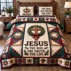 Wreath Cross Jesus Way Truth Life quilted 3-piece bedding set on a made bed in a softly lit bedroom