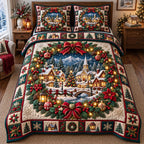 Wreath Framed Christmas Village quilted 3-piece bedding set on a made bed in a winter-styled bedroom