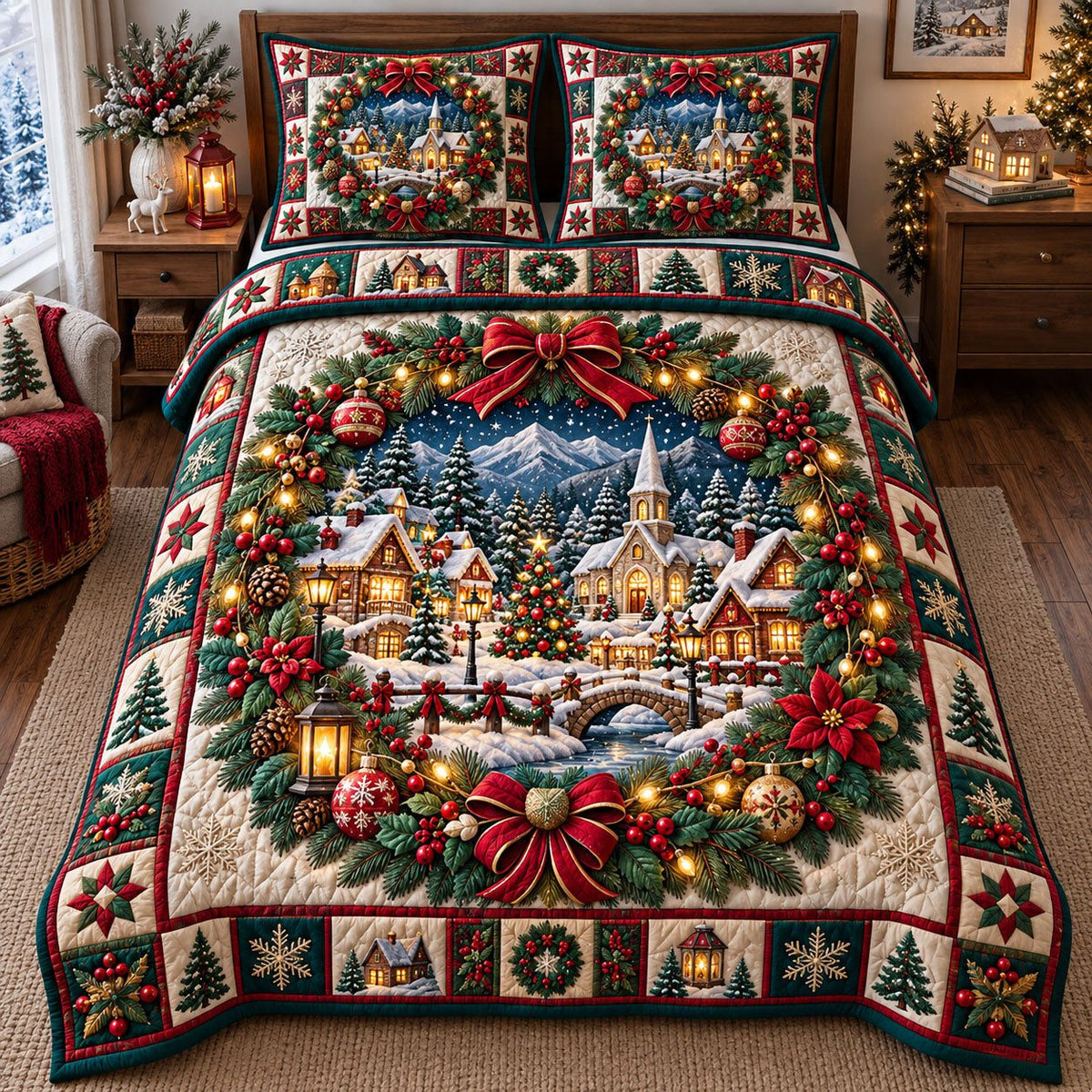 Wreath Framed Christmas Village quilted 3-piece bedding set on a made bed in a winter-styled bedroom