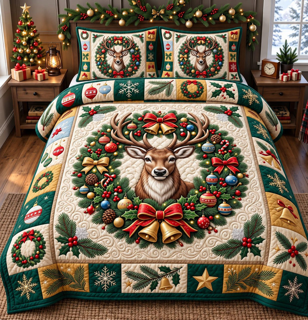 Wreath Portrait Reindeer quilted 3-piece bedding set on a made bed in a winter-styled bedroom