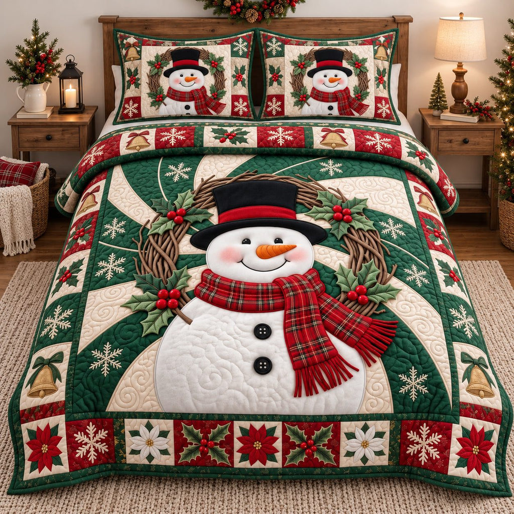 Wreath Snowman Swirl quilted 3-piece bedding set on a made bed in a winter-styled bedroom