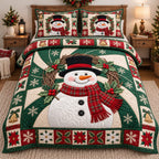 Wreath Snowman Swirl quilted 3-piece bedding set on a made bed in a winter-styled bedroom
