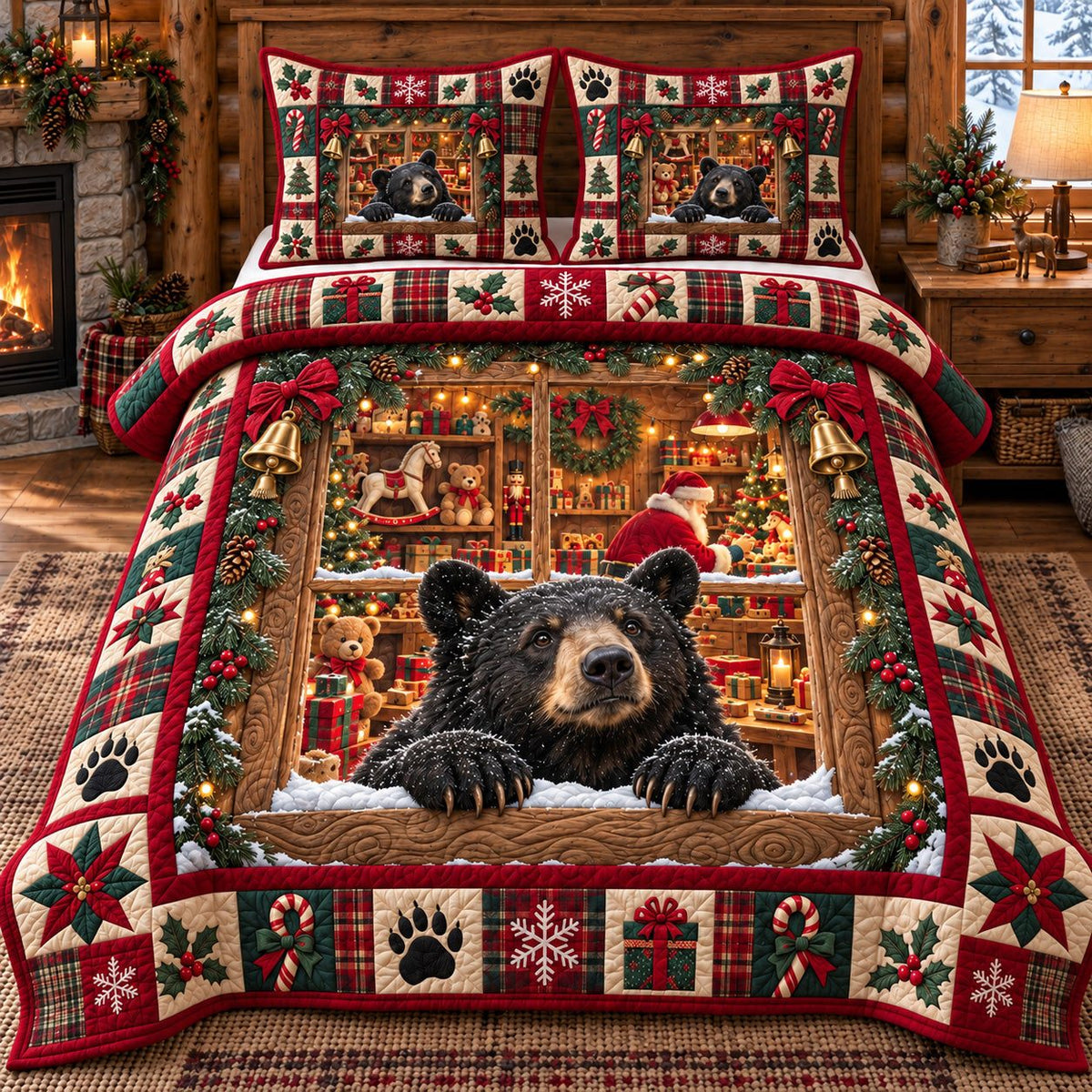 Wreath Window Black Bear Holiday quilted 3-piece bedding set on a made bed in a winter-styled bedroom