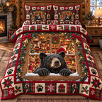 Wreath Window Black Bear Holiday quilted 3-piece bedding set on a made bed in a winter-styled bedroom