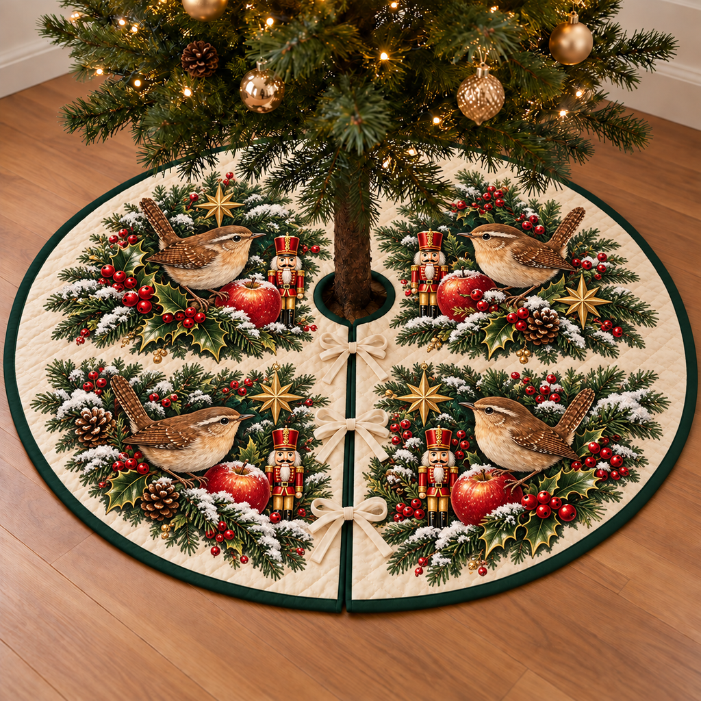 Wren Apple Toy Nutcracker printed Christmas circular tree skirt; design mockup showing a flat printed depth effect.