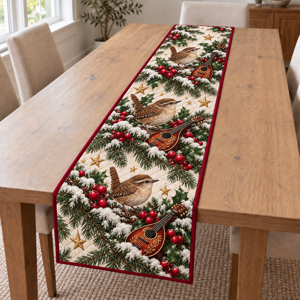 Wren Cranberry Toy Mandolin printed Christmas quilted table runner; design mockup showing a flat printed depth effect.