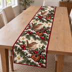 Wren Cranberry Toy Mandolin printed Christmas quilted table runner; design mockup showing a flat printed depth effect.