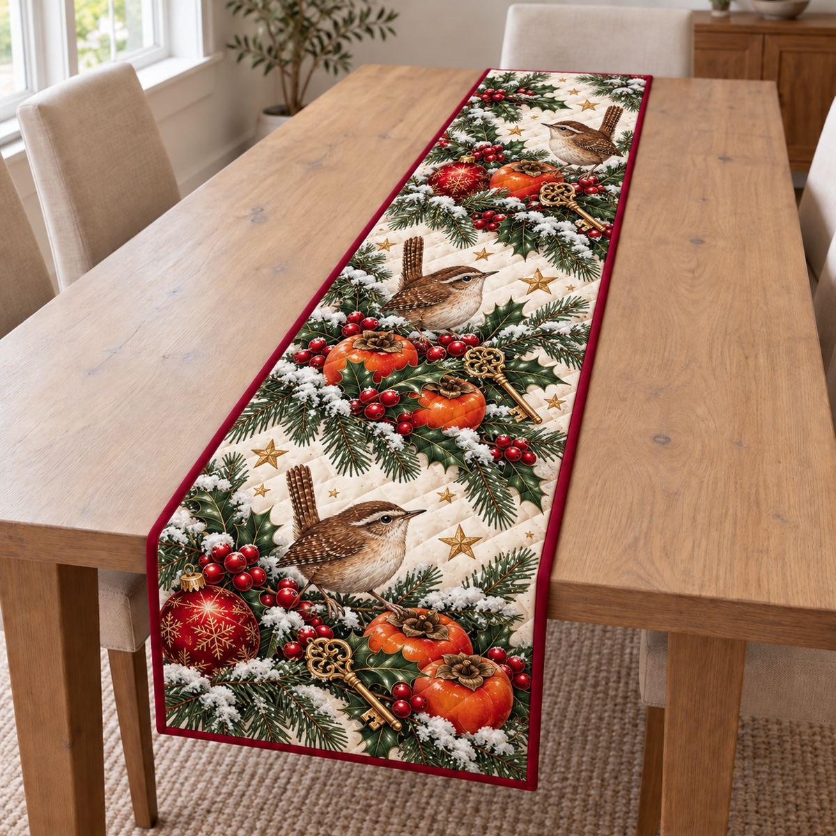 Wren Persimmon Golden Key printed Christmas quilted table runner; design mockup showing a flat printed depth effect.