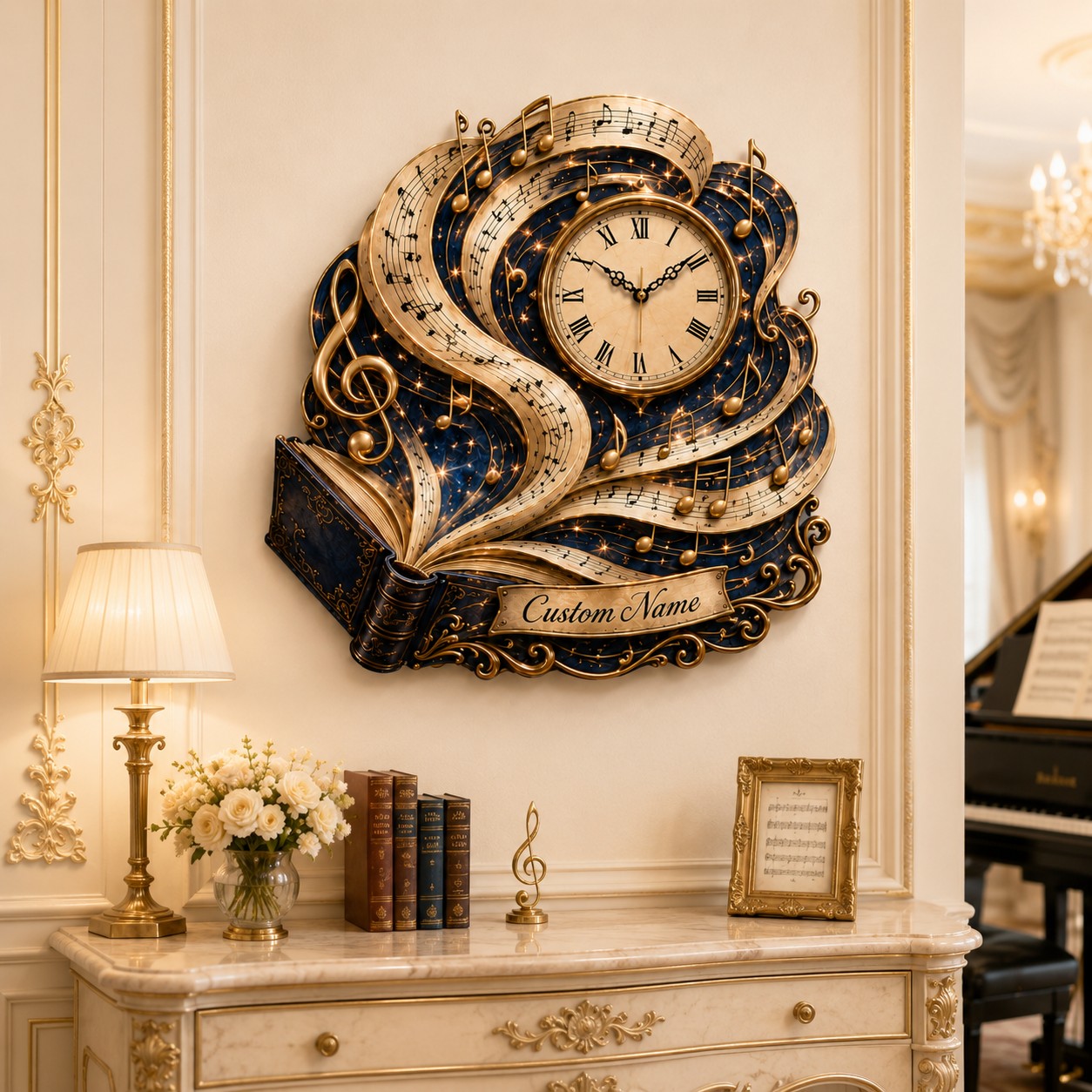Sheet Music Book Personalized Wall Clock — personalized with a custom name