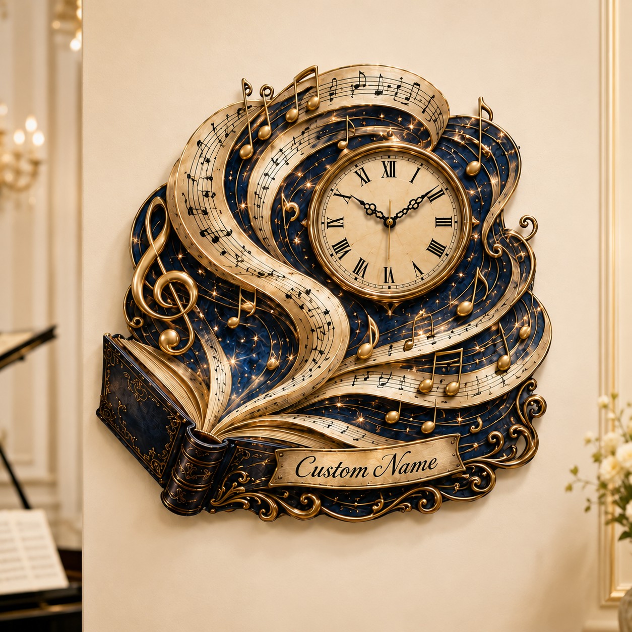 Sheet Music Book Personalized Wall Clock — personalized with a custom name