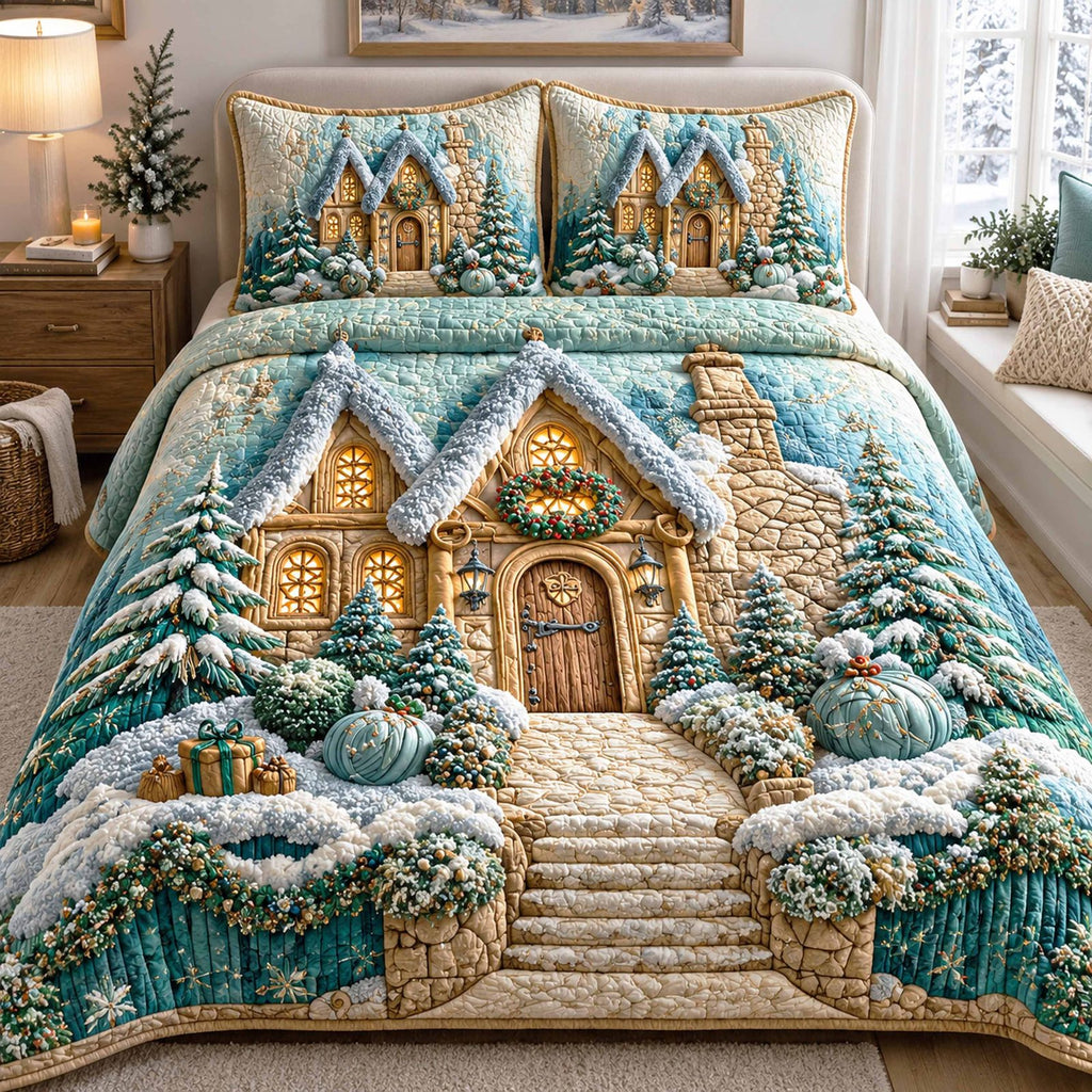 Xmas Village quilted 3-piece bedding set on a made bed in a winter-styled bedroom