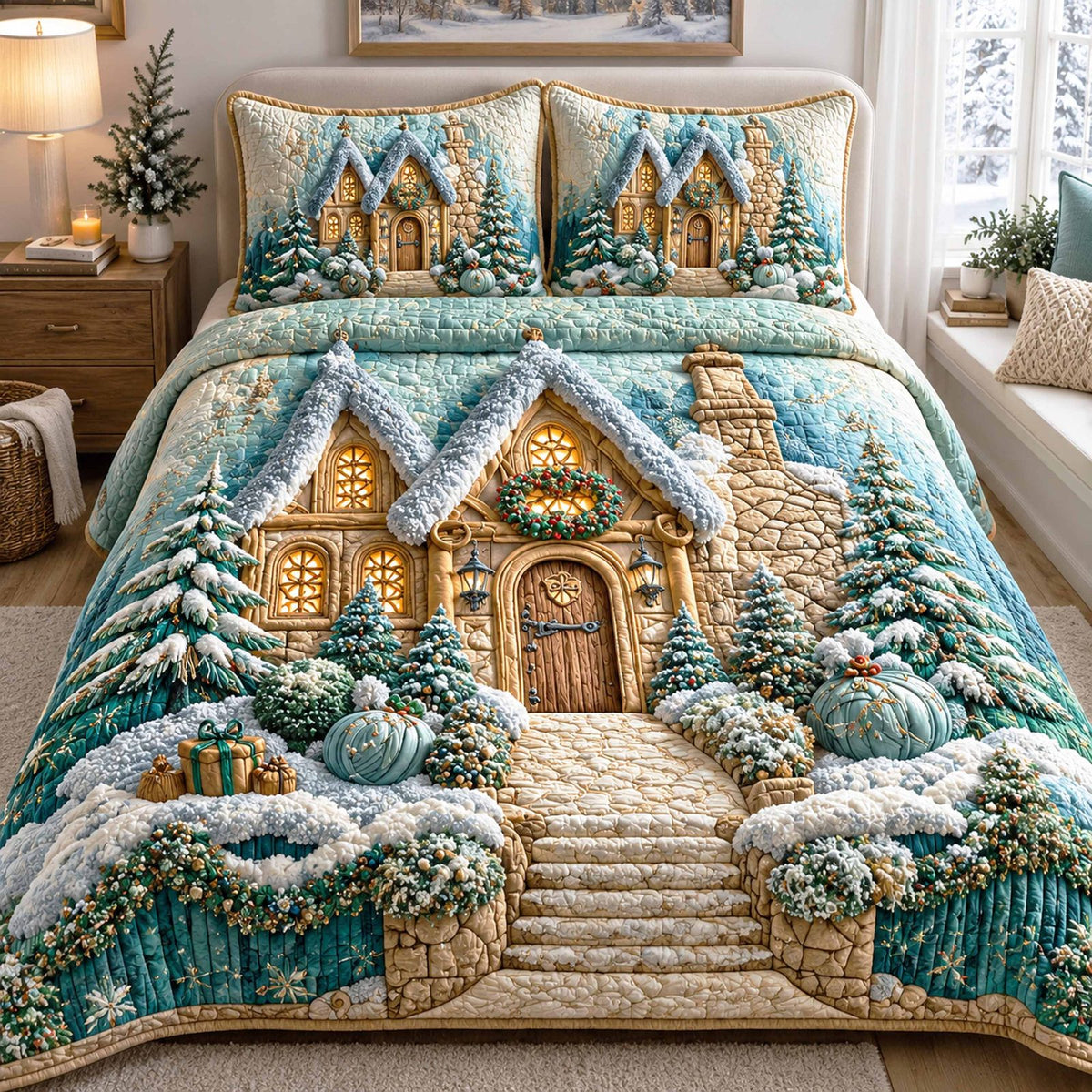Xmas Village quilted 3-piece bedding set on a made bed in a winter-styled bedroom