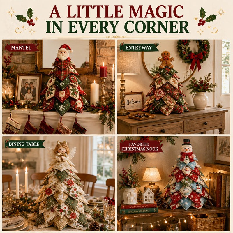 The finished tree styled on a mantel, entryway and dining table