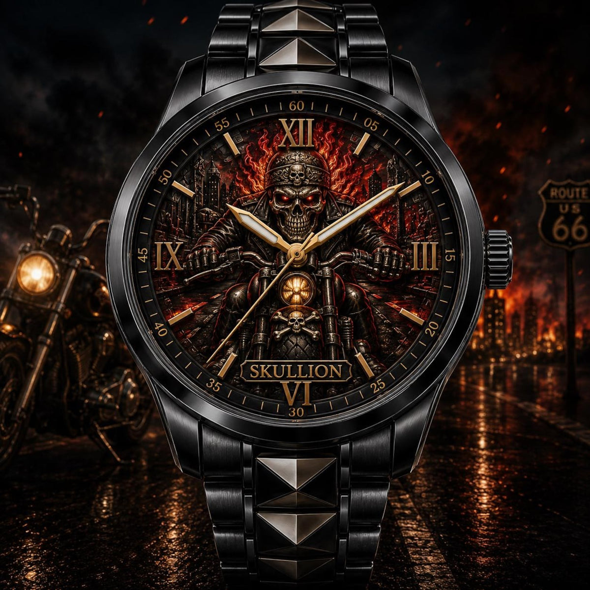 Personalized Gothic Skull Biker Watch with a custom name set into the design