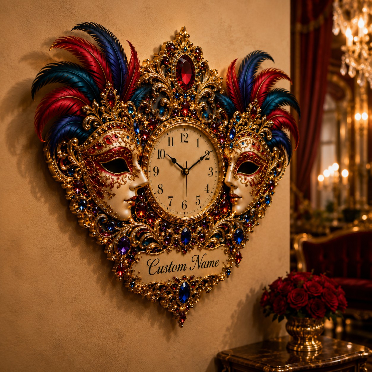 Venetian Masquerade Custom Name Wall Clock — personalized with a custom name