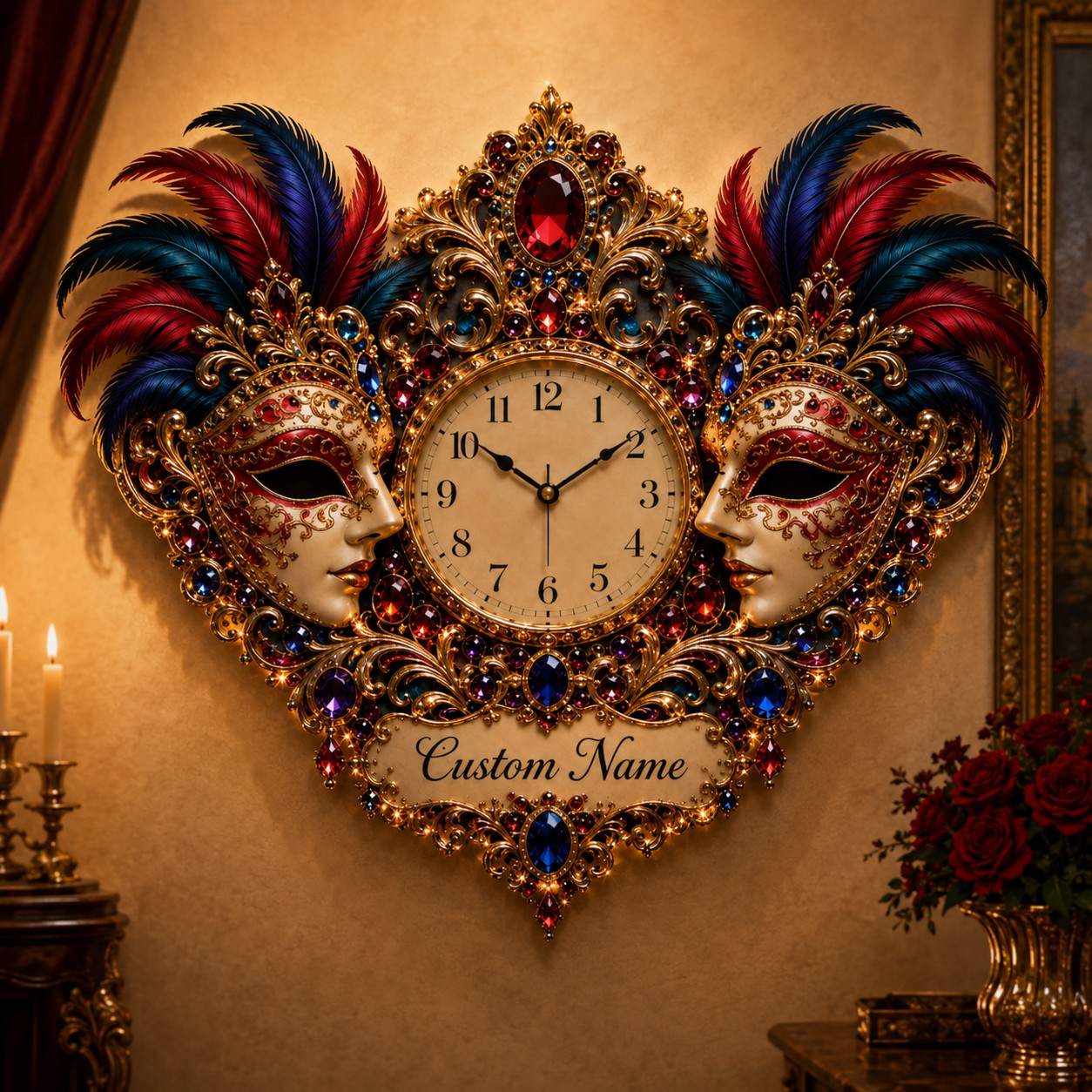 Venetian Masquerade Custom Name Wall Clock — personalized with a custom name