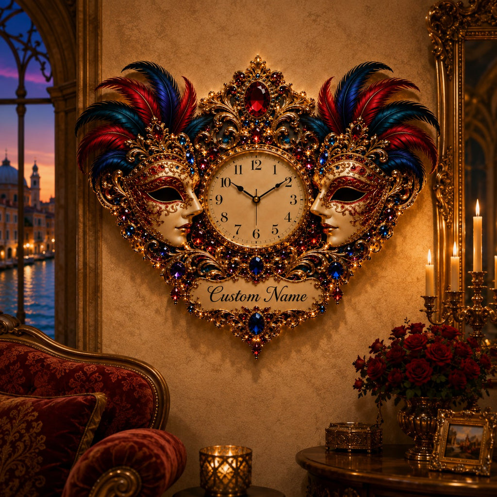 Venetian Masquerade Custom Name Wall Clock — personalized with a custom name