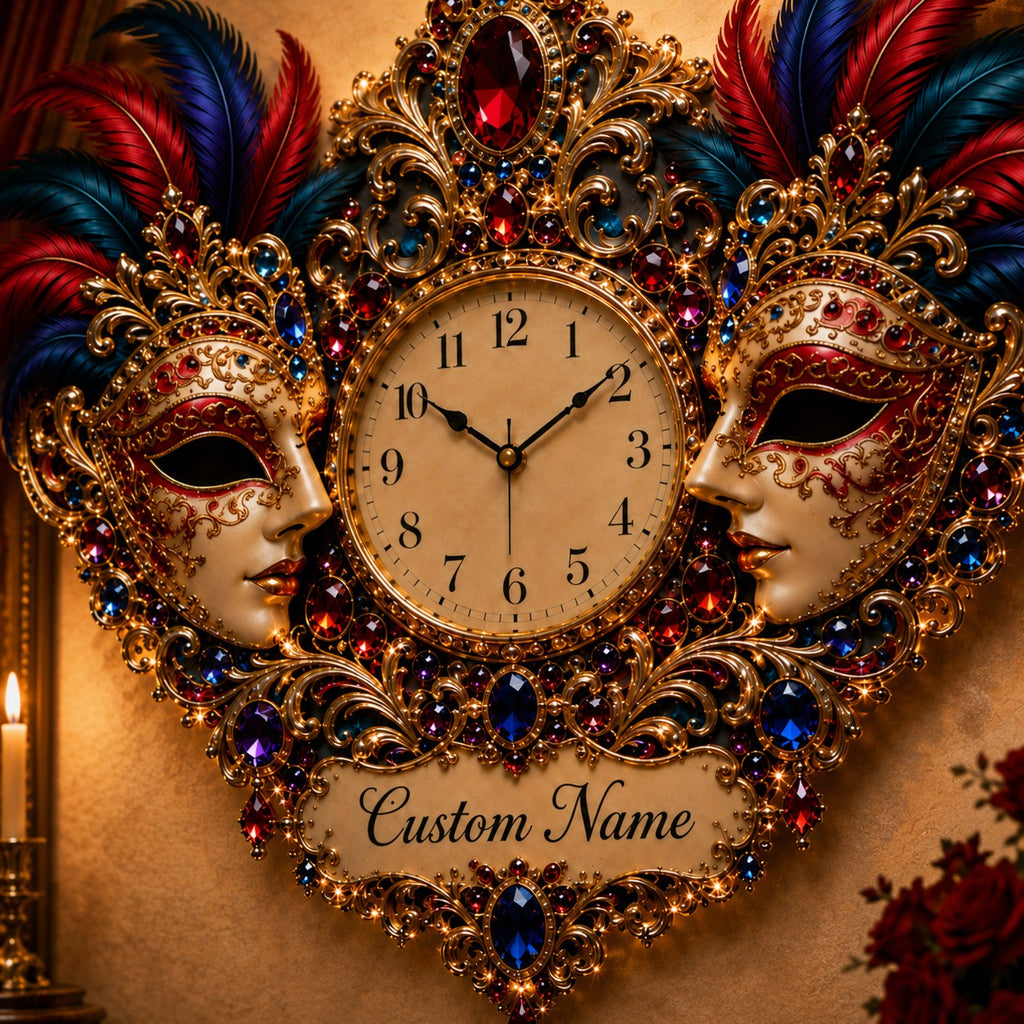 Venetian Masquerade Custom Name Wall Clock — personalized with a custom name