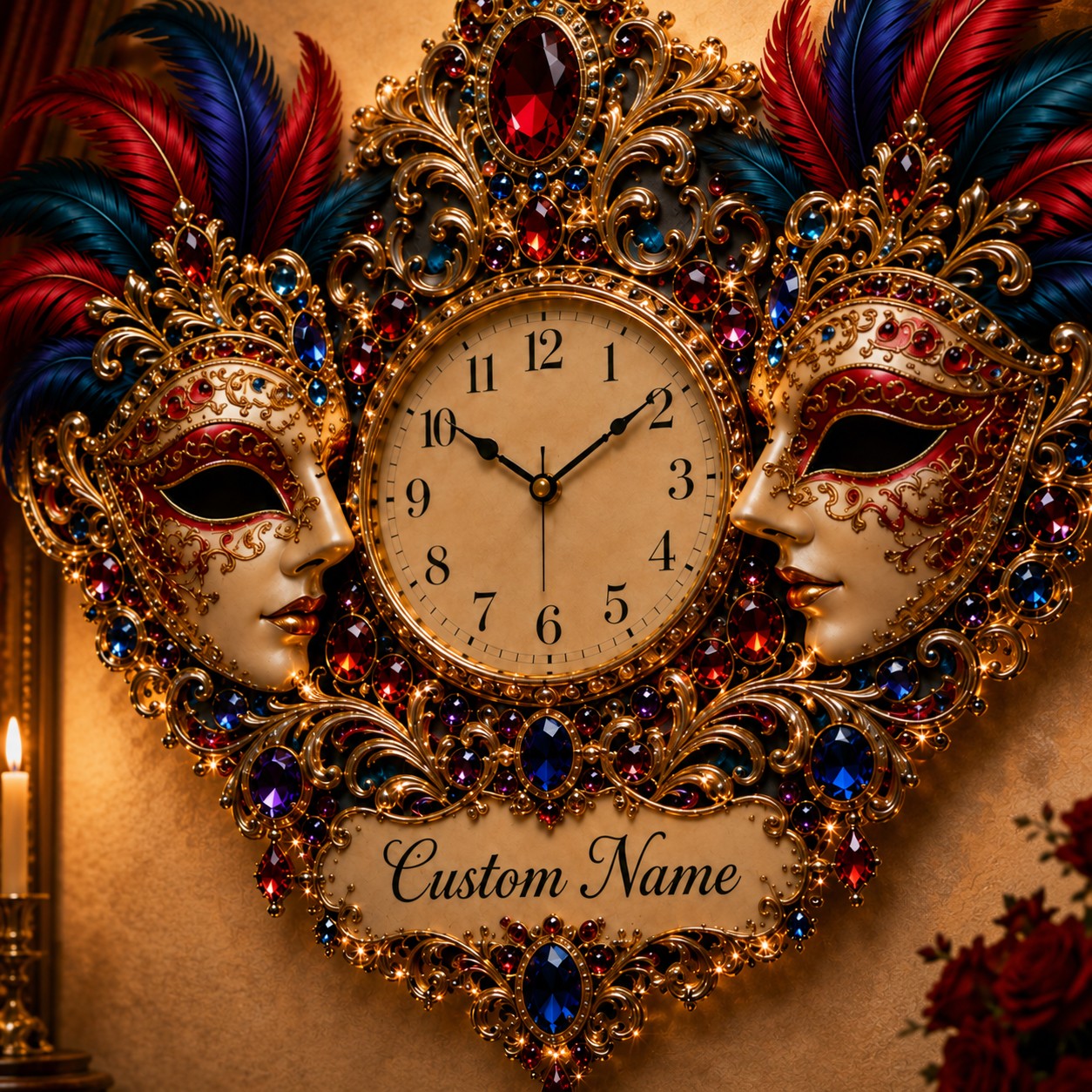 Venetian Masquerade Custom Name Wall Clock — personalized with a custom name
