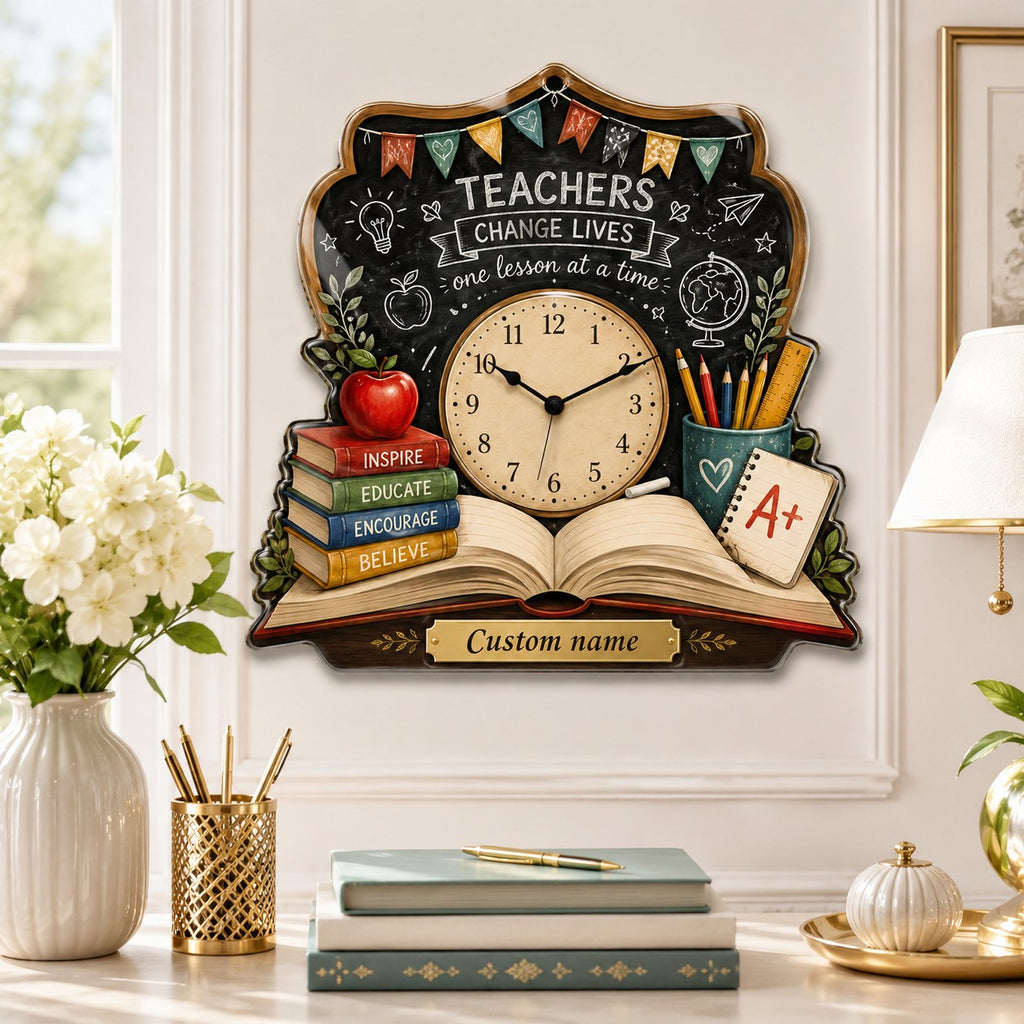 Teacher book Custom Name Wall Clock — personalized with a custom name
