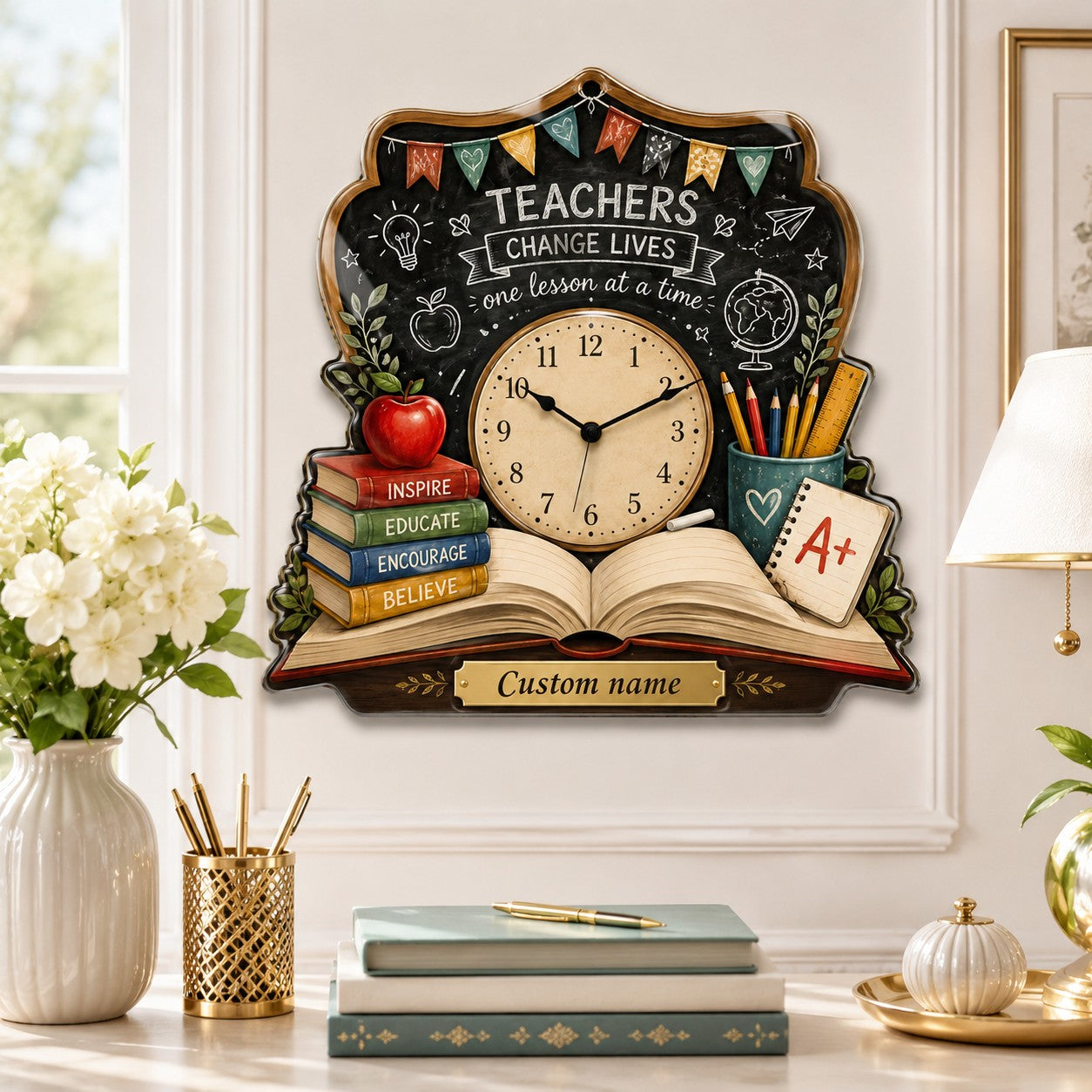 Teacher book Custom Name Wall Clock — personalized with a custom name
