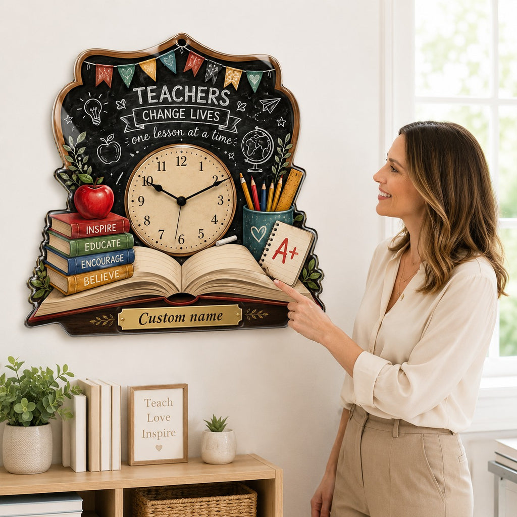 Teacher book Custom Name Wall Clock — personalized with a custom name