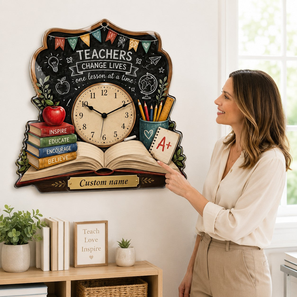 Teacher book Custom Name Wall Clock — personalized with a custom name