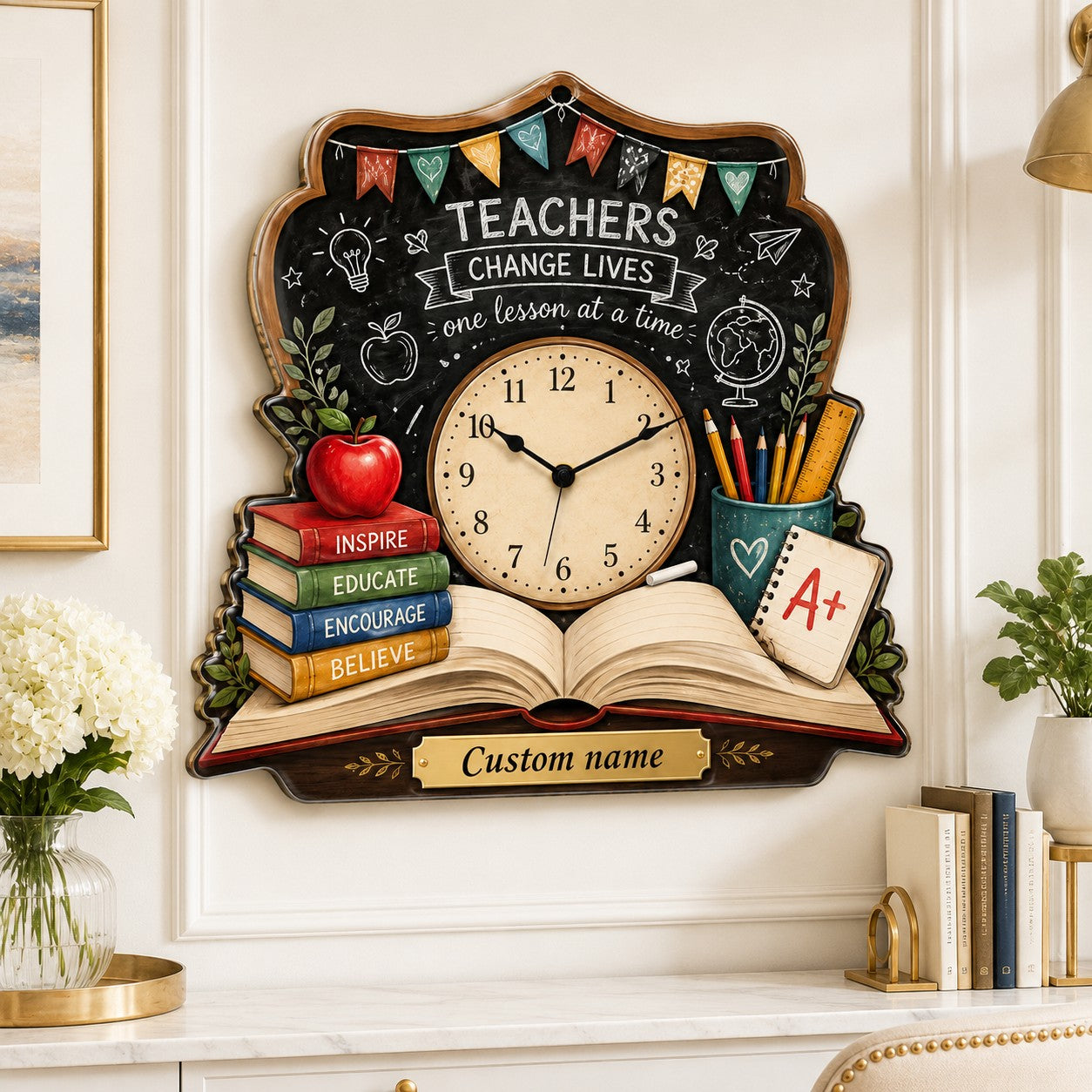 Teacher book Custom Name Wall Clock — personalized with a custom name