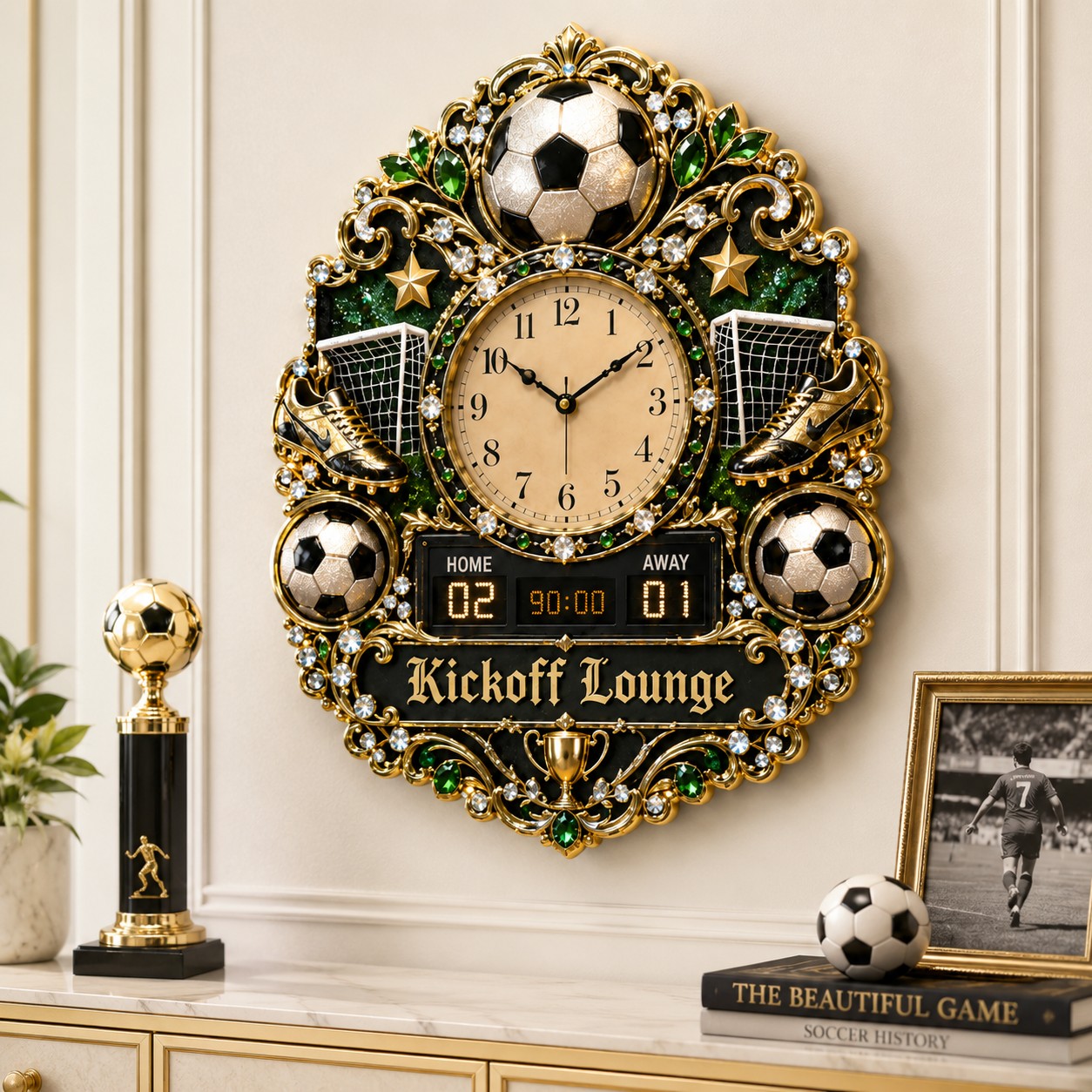 Soccer lounge Custom Name Wall Clock — personalized with a custom name