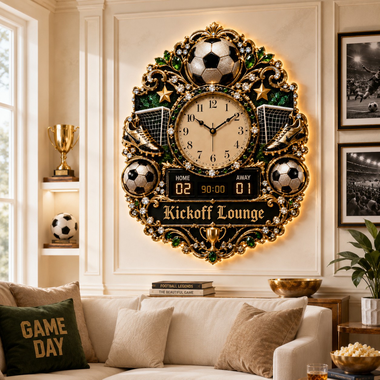 Soccer lounge Custom Name Wall Clock — personalized with a custom name