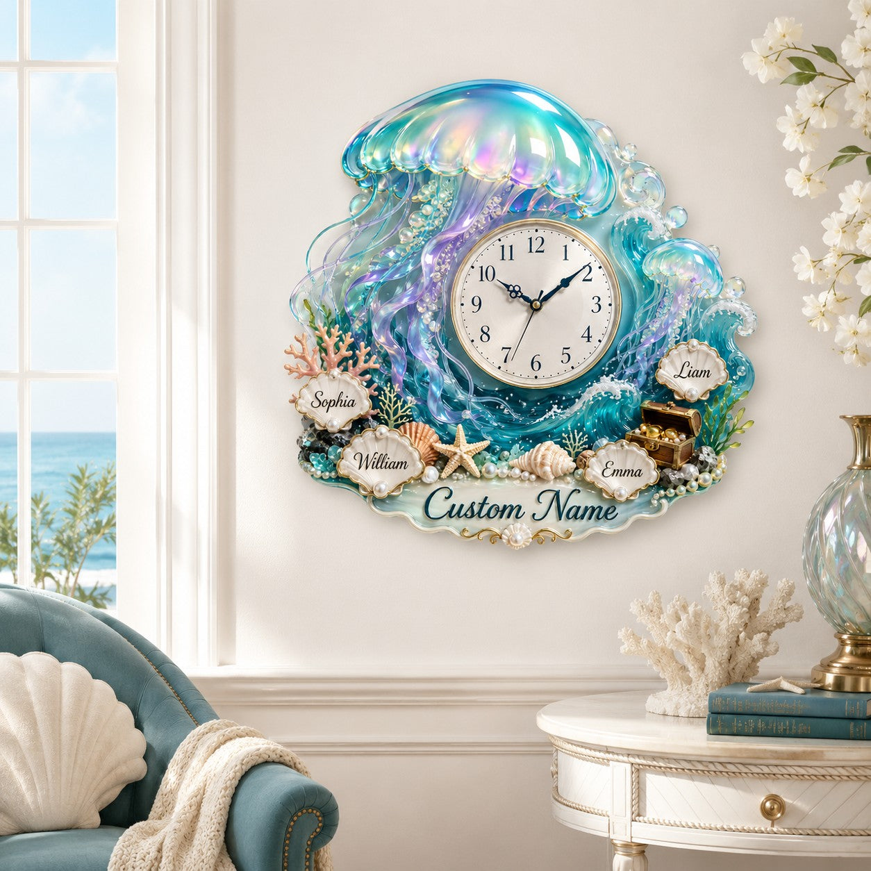 Family name ocean Custom Name Wall Clock — personalized with a custom name