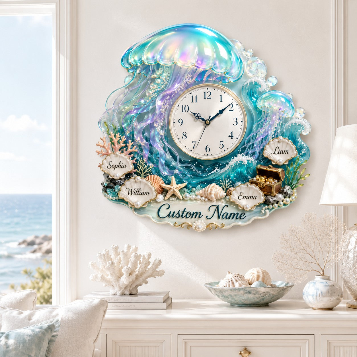 Family name ocean Custom Name Wall Clock — personalized with a custom name