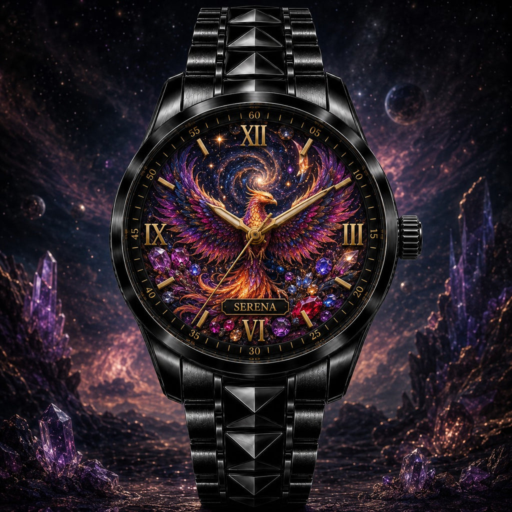 Custom Cosmic Phoenix Watch — personalized with a custom name