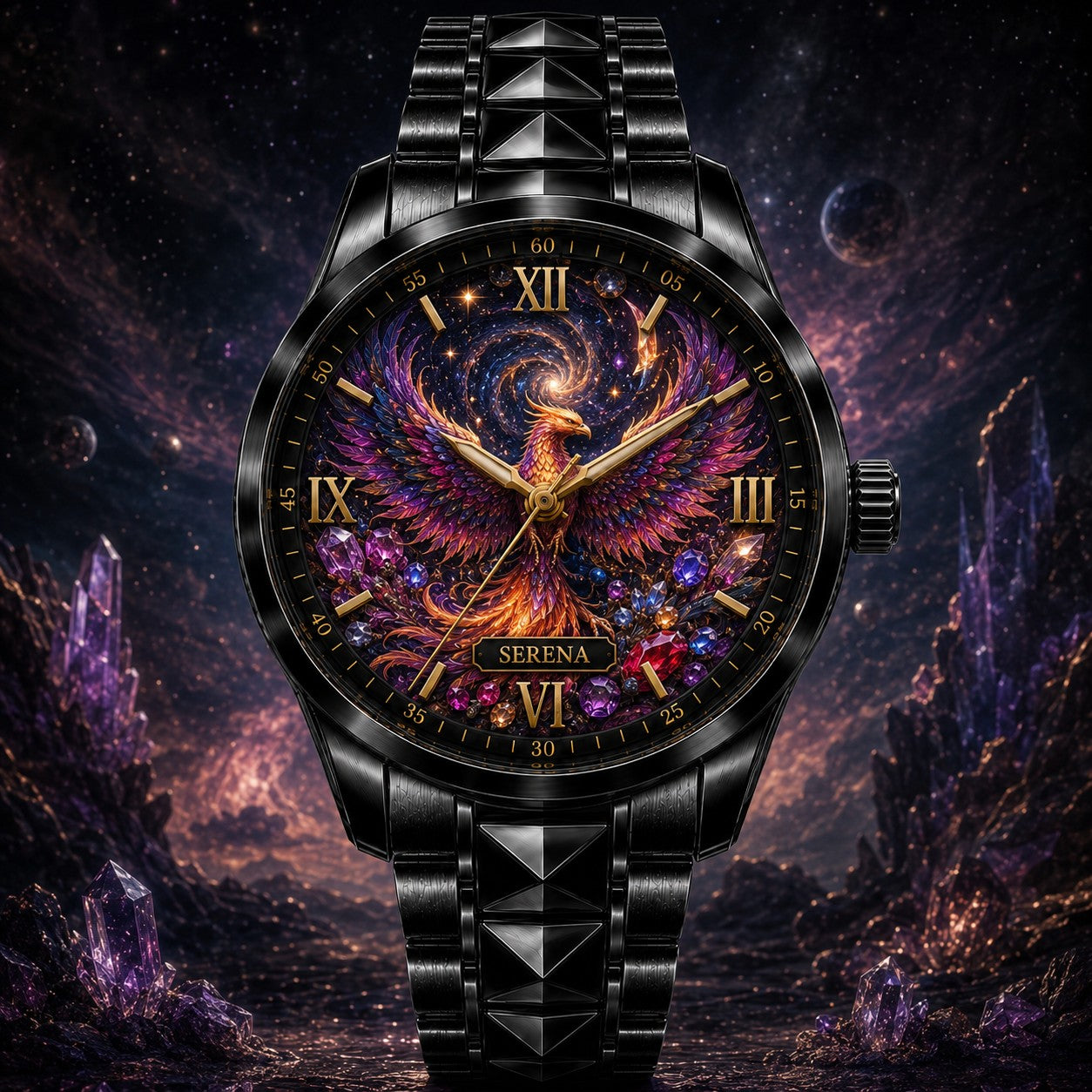Custom Cosmic Phoenix Watch — personalized with a custom name