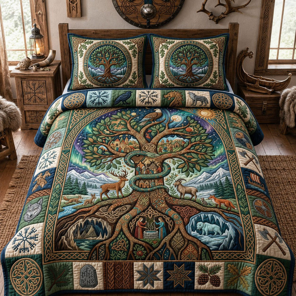 Yggdrasil World Tree Deer quilted 3-piece bedding set on a made bed with two matching pillow shams