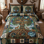 Yggdrasil World Tree Deer quilted 3-piece bedding set on a made bed with two matching pillow shams