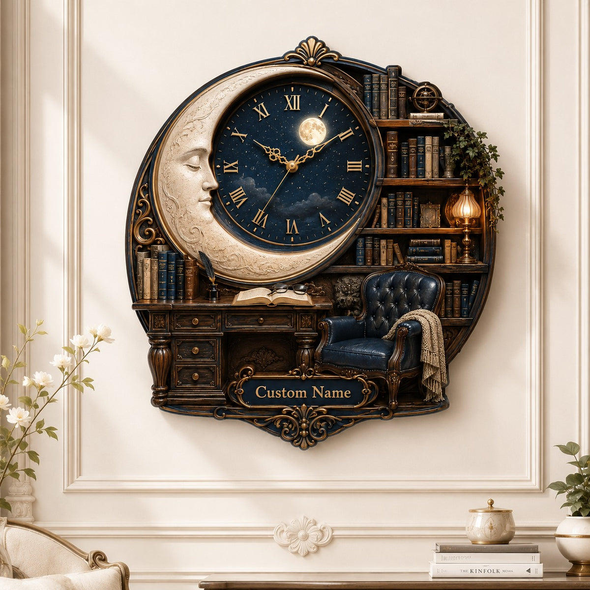 Personalized Moon Library Wall Clock — personalized with a custom name