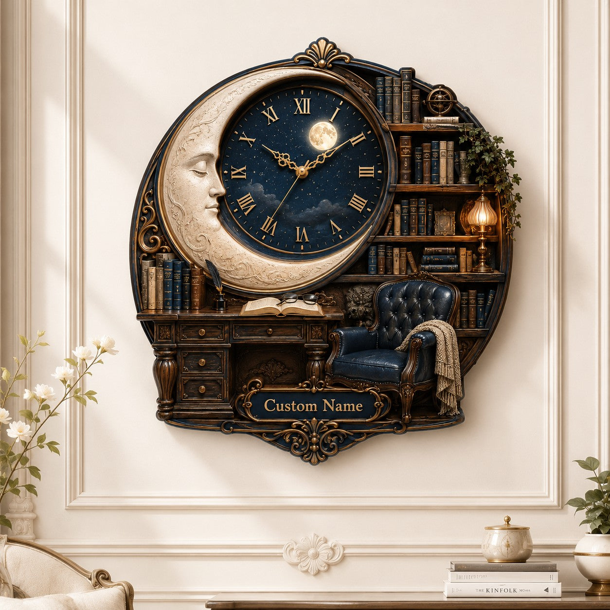 Personalized Moon Library Wall Clock — personalized with a custom name