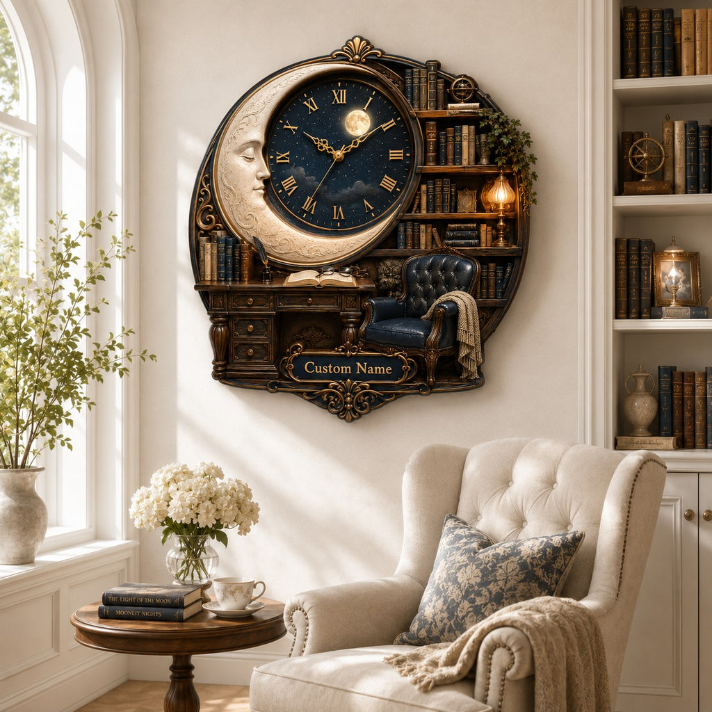 Personalized Moon Library Wall Clock — personalized with a custom name