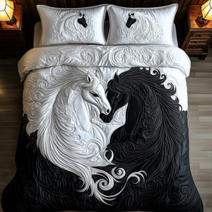 Yin Yang Horse Couple Black 3-Piece Quilted Bedding Set