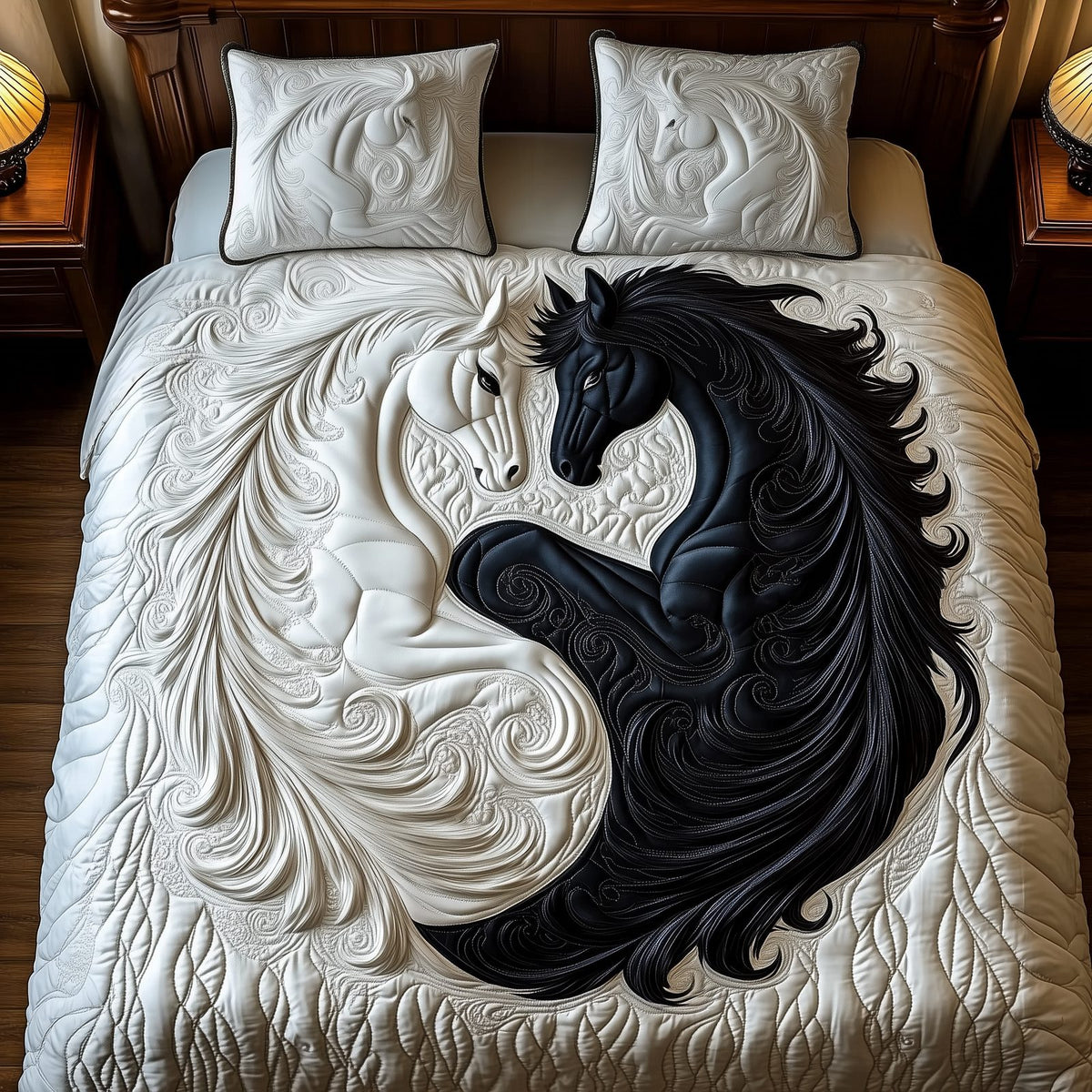 Yin Yang Horse Couple White quilted 3-piece bedding set on a made bed in a rustic timber bedroom