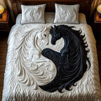 Yin Yang Horse Couple White quilted 3-piece bedding set on a made bed in a rustic timber bedroom
