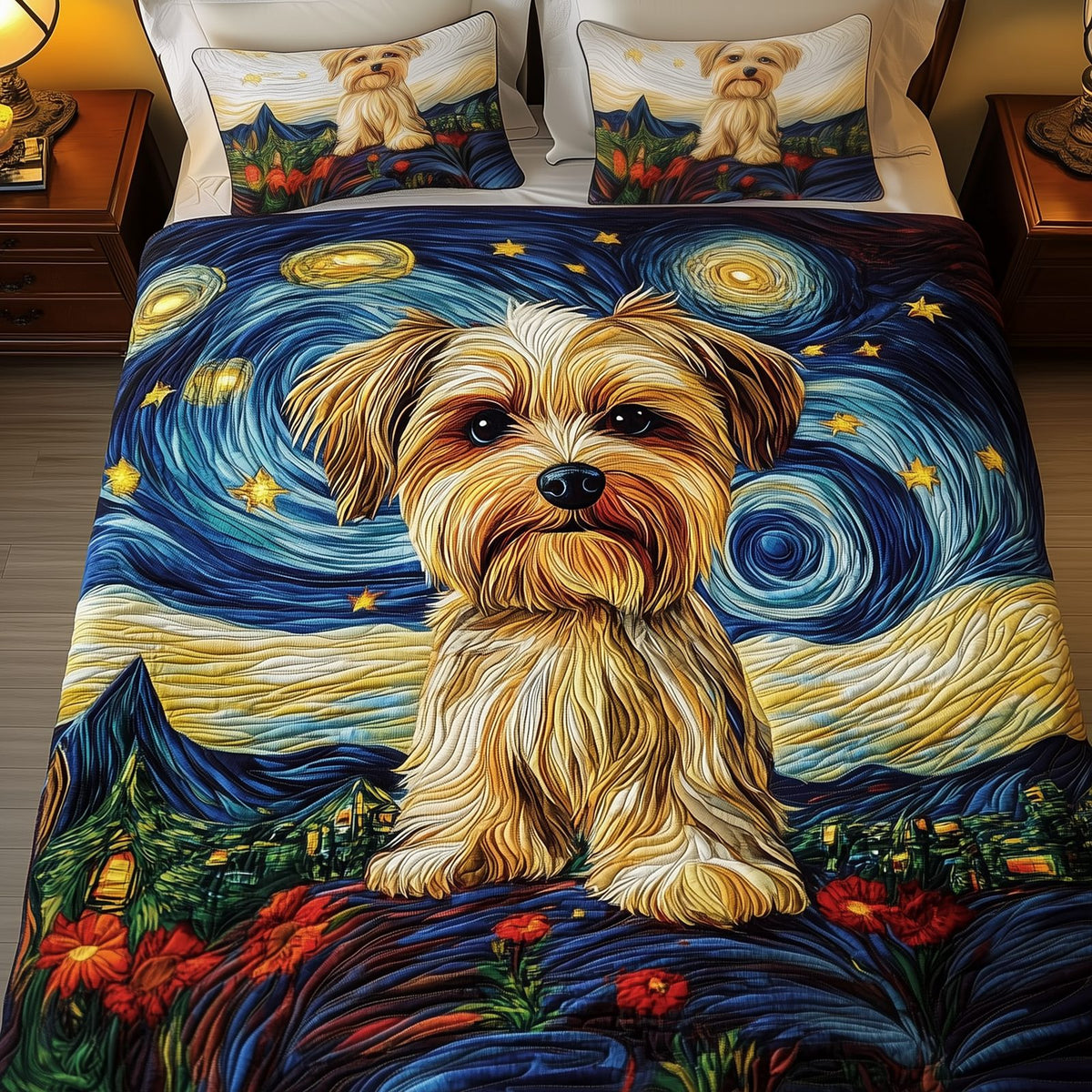 Yorkie Starry Night Blue quilted 3-piece bedding set on a made bed with two matching pillow shams